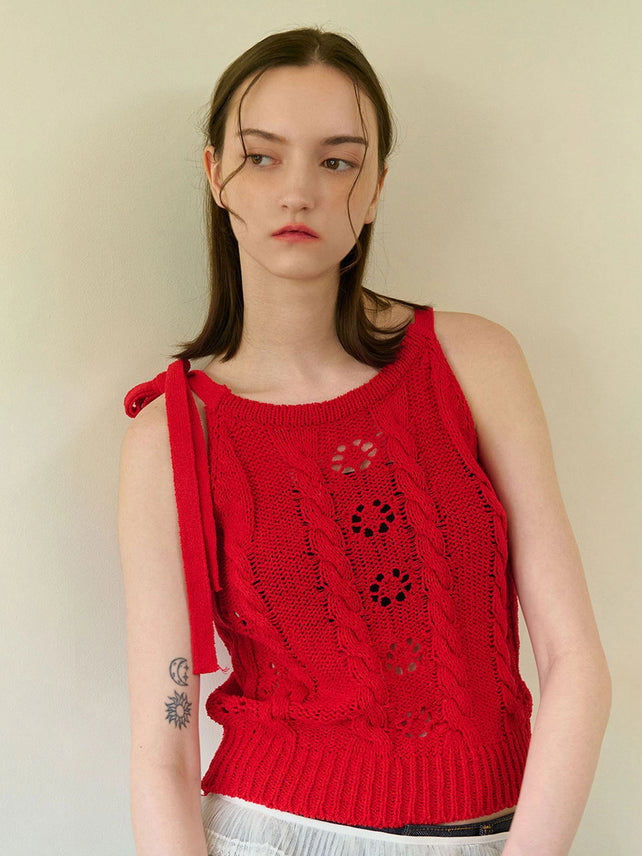 LACE RIBBON SLEEVELESS KNIT RED