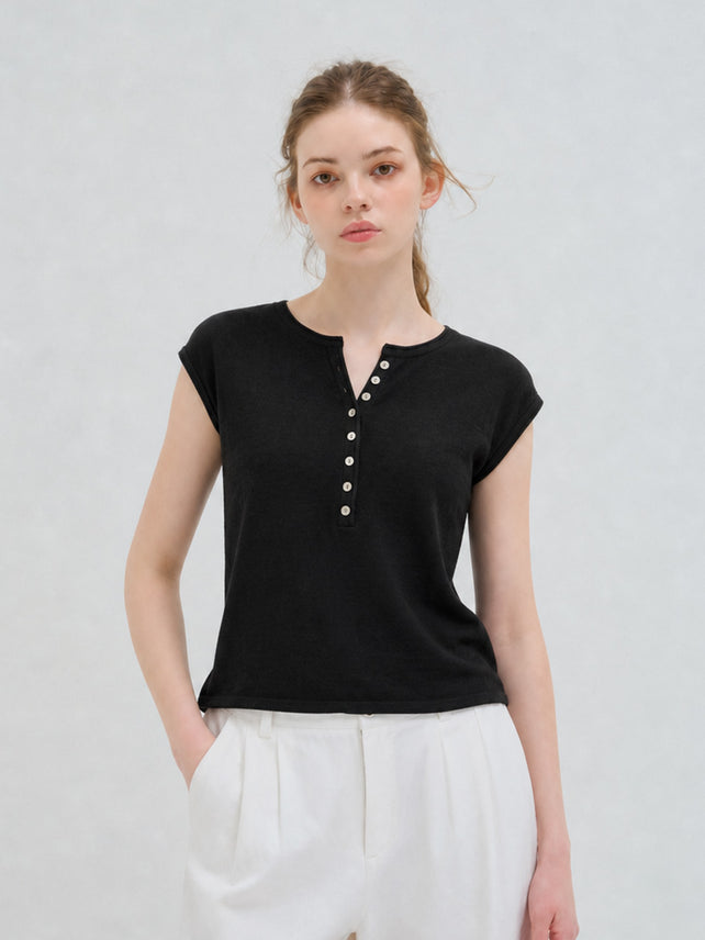 BUTTON CAP SLEEVE KNIT BLACK