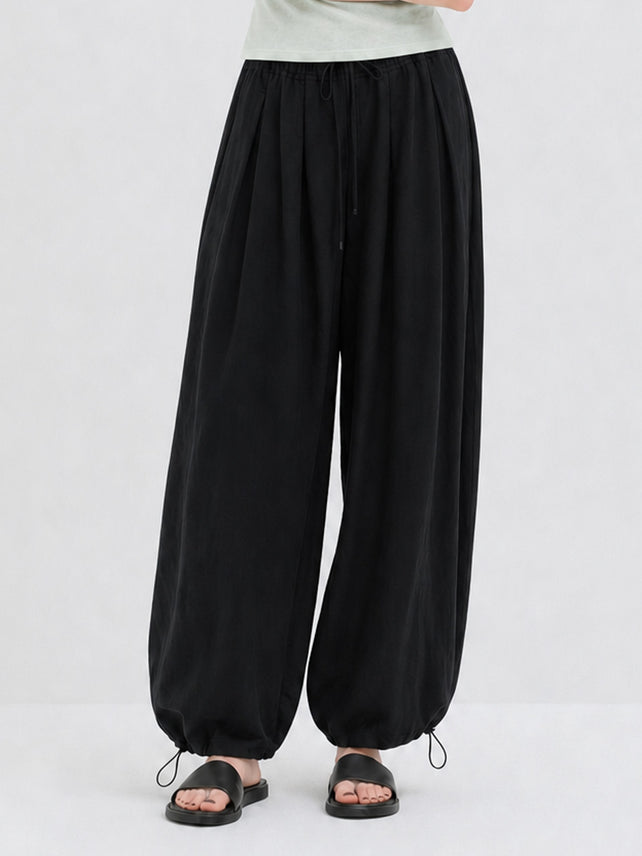 LINEN HAREM BANDING PANTS BLACK