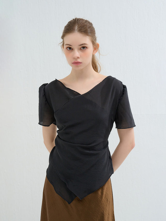 STRIPE WRAP SHIRRING BLOUSE BLACK