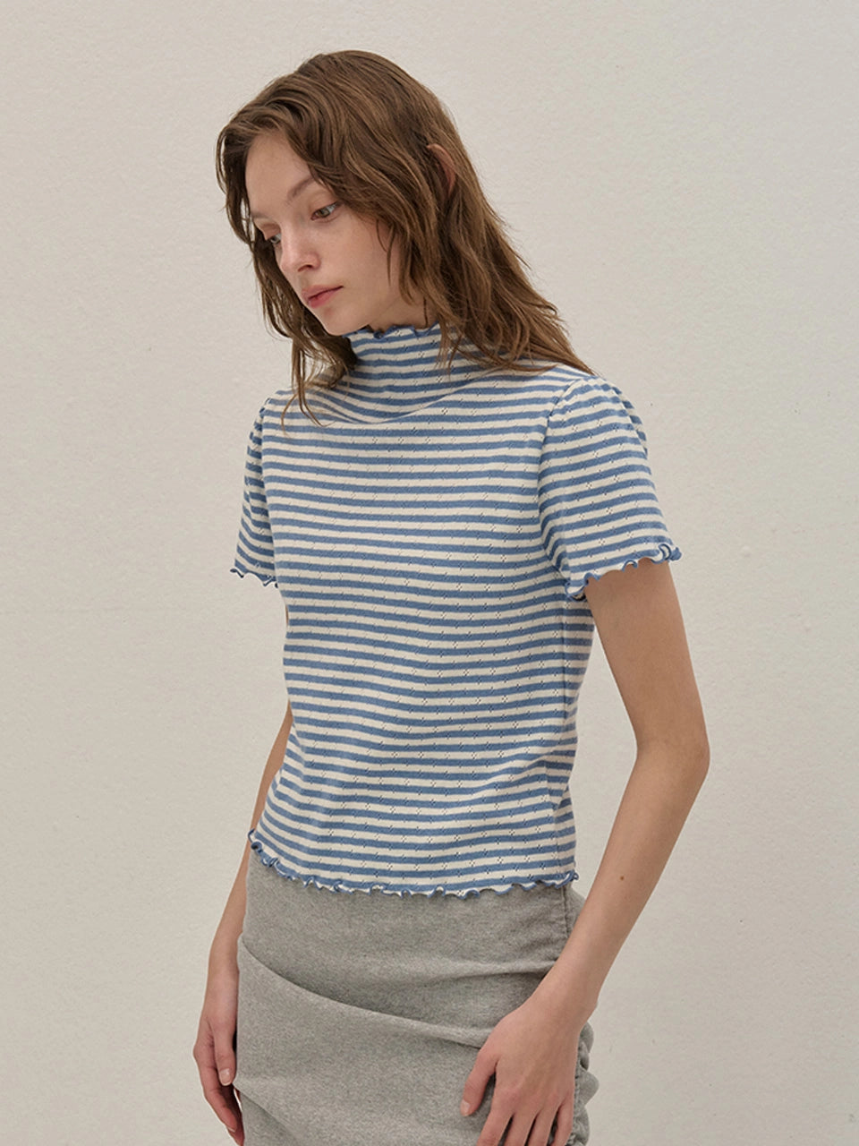 STRIPE HAIR-NECK SHIRRING KINT BLUE