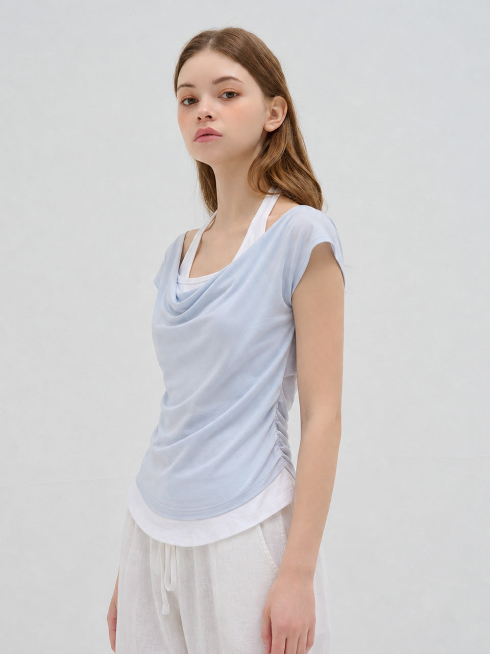 LAYERED HALTER-NECK T SHIRT SKY BLUE