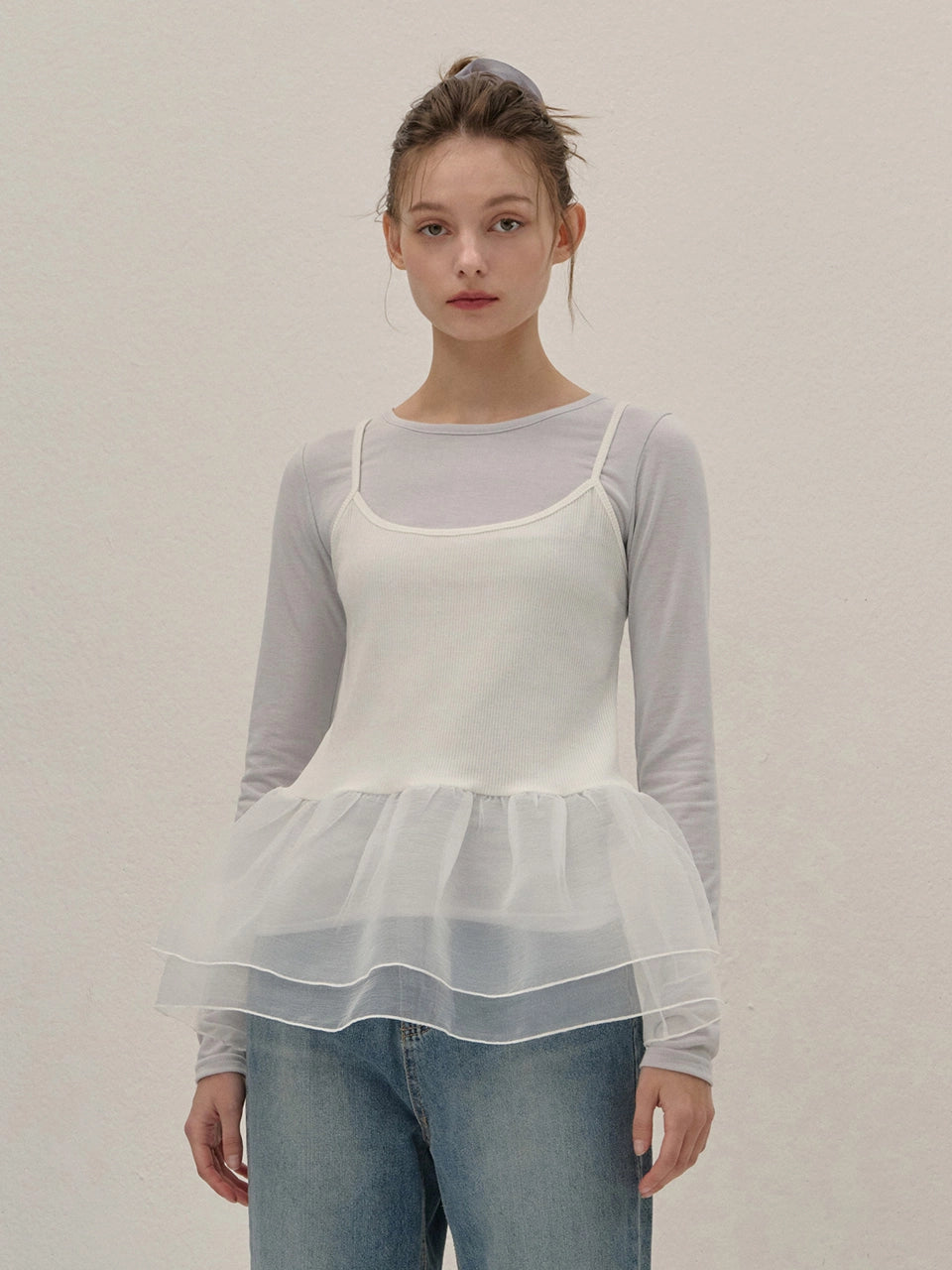 STRETCH LONG SLEEVE TOP LIGHT GRAY