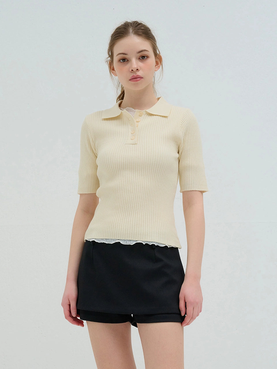 RIBBED COLLAR KNIT CREAM