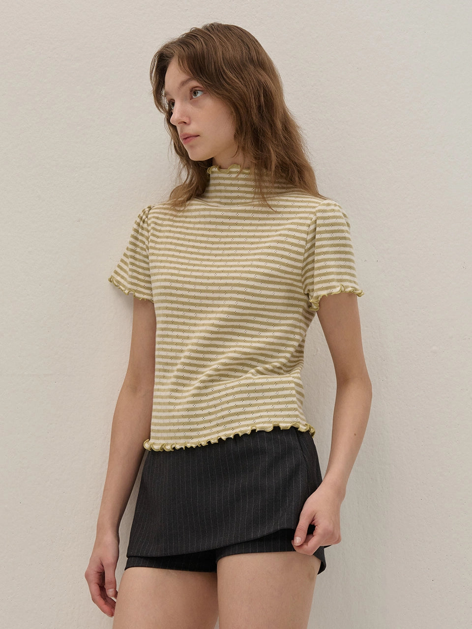 STRIPE HAIR-NECK SHIRRING KINT GREEN