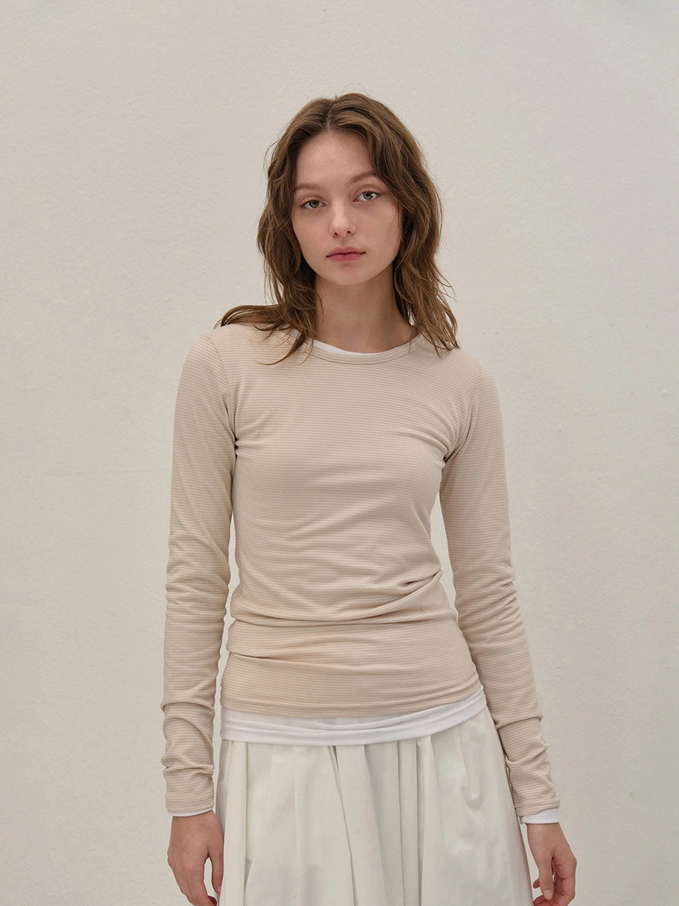 STRETCH LONG SLEEVE TOP STRIPE BEIGE