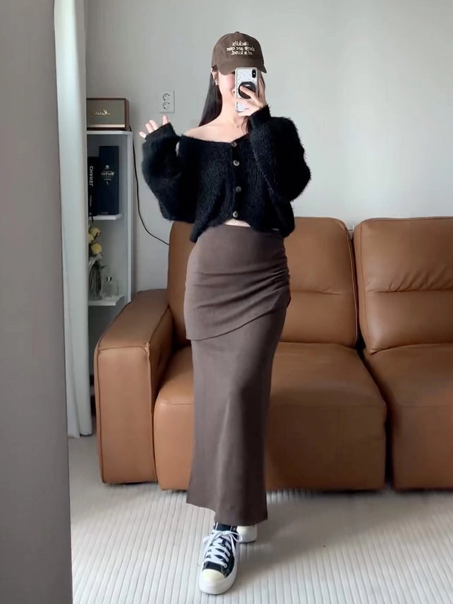 [인플s Pick] TERRY SHIRRING LONG SKIRT BROWN