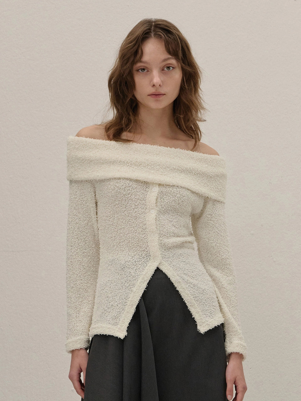 TERRY OFF-SHOULDER KNIT CARDIGAN - 2color