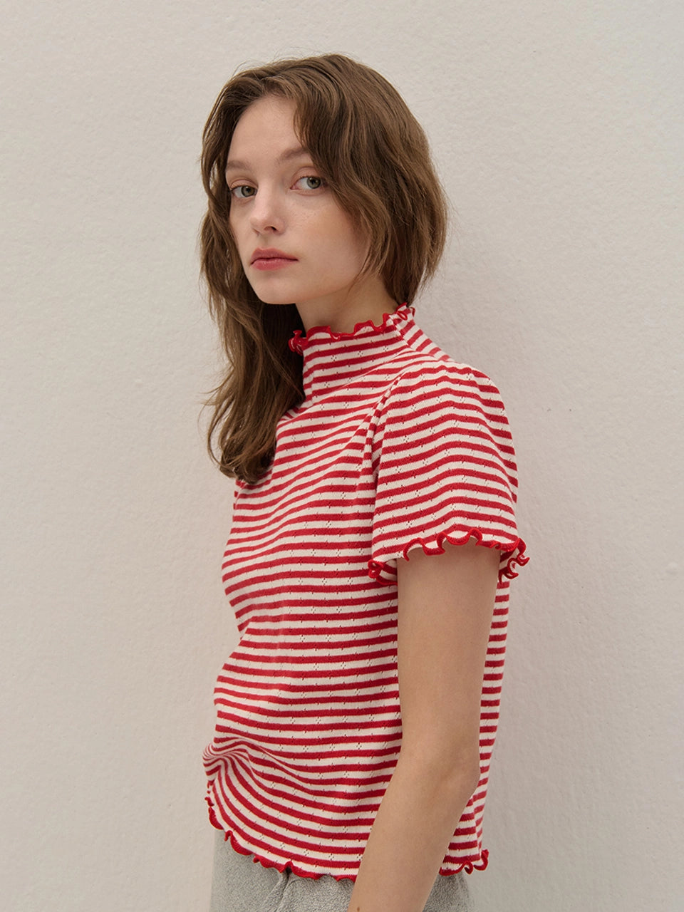 STRIPE HAIR-NECK SHIRRING KINT BLUE