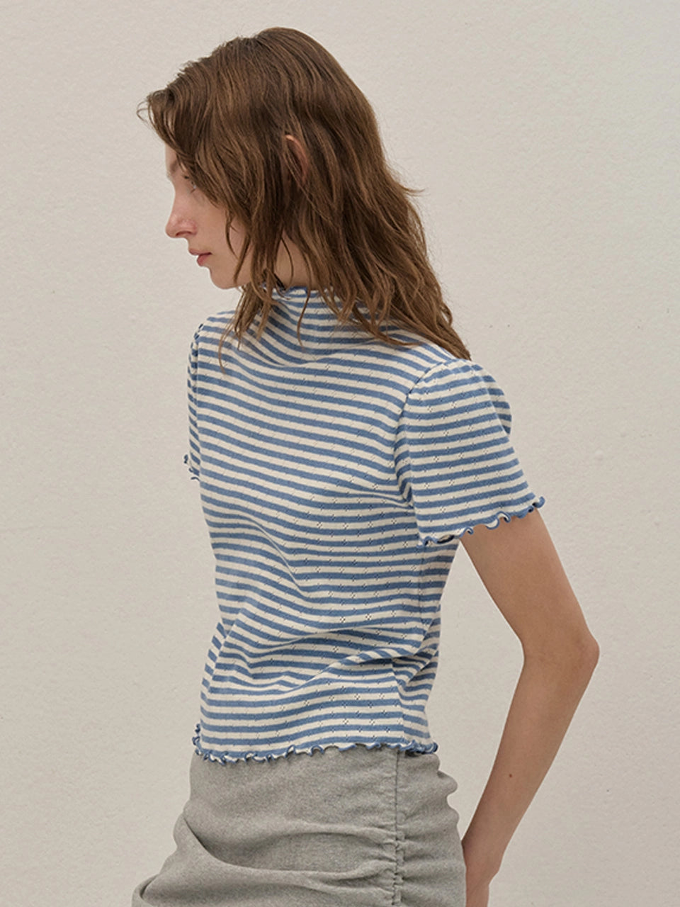 STRIPE HAIR-NECK SHIRRING KINT BLUE