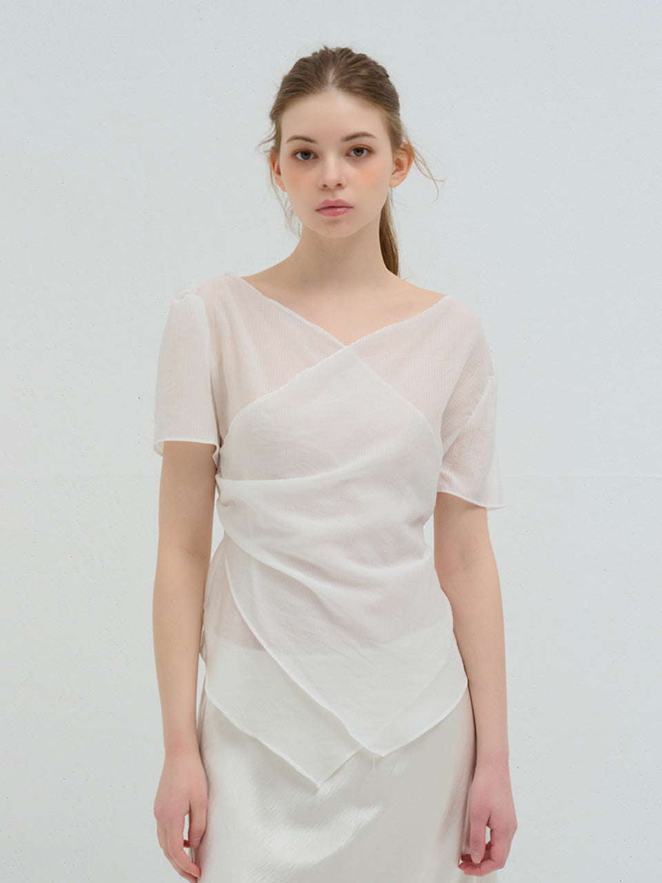 STRIPE WRAP SHIRRING BLOUSE WHITE