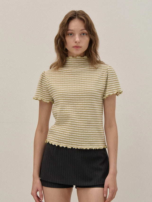 STRIPE HAIR-NECK SHIRRING KINT GREEN