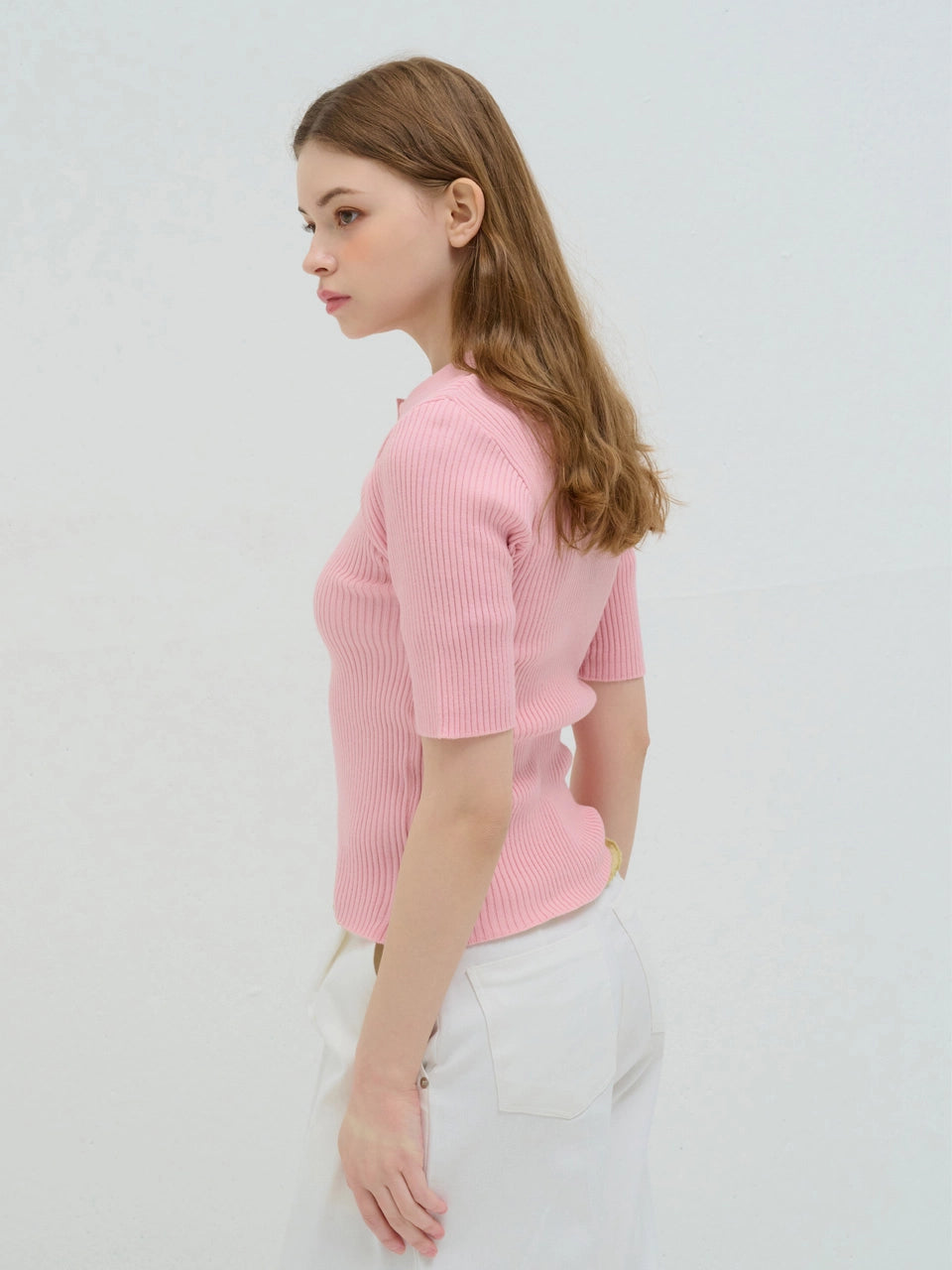 RIBBED COLLAR KNIT PINK