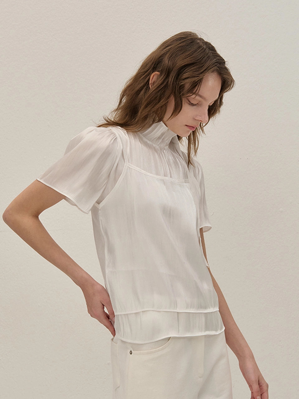 SHIRRING TIE BLOUSE - 2color