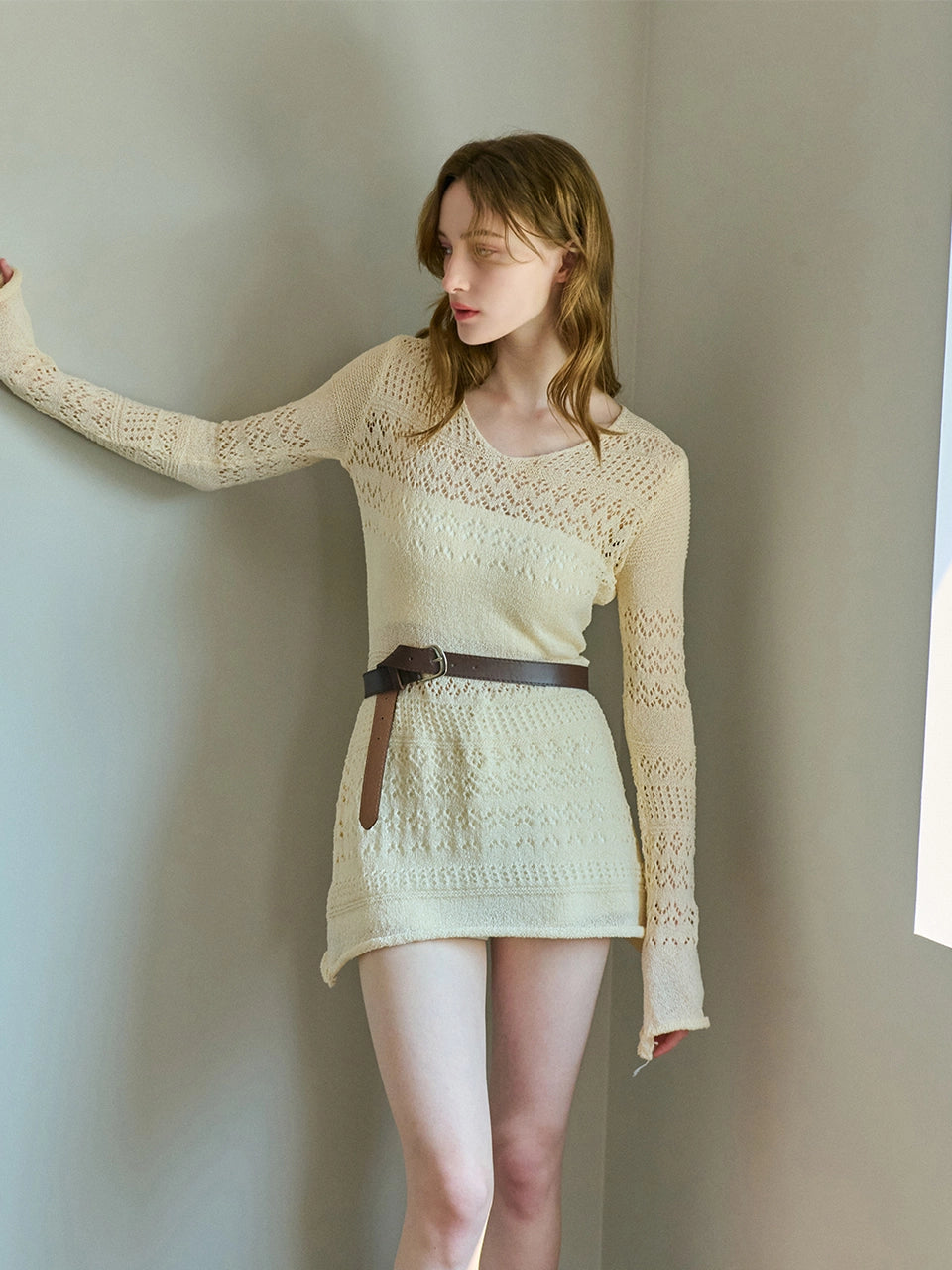 V-NECK LACE KNIT ONE PIECE BEIGE