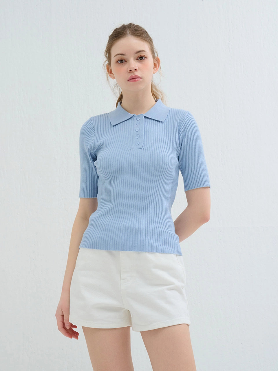 RIBBED COLLAR KNIT BLUE