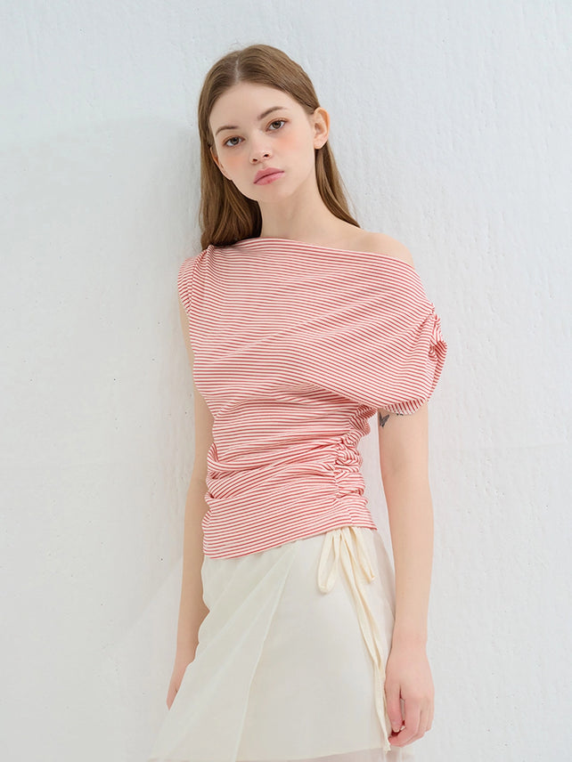 STRIPE PIN TUCK OFF-SHOULDER T-SHIRT RED