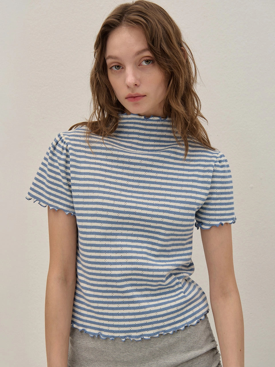 STRIPE HAIR-NECK SHIRRING KINT BLUE