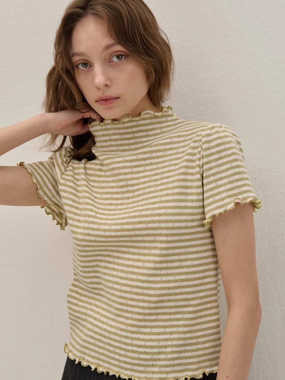 STRIPE HAIR-NECK SHIRRING KINT GREEN
