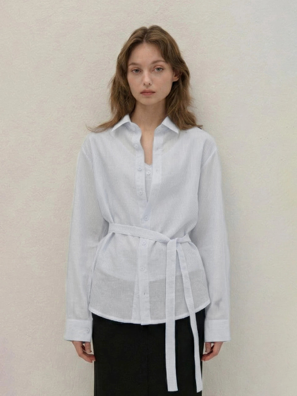 STRIPE HAIR-NECK SHIRRING KINT BLUE