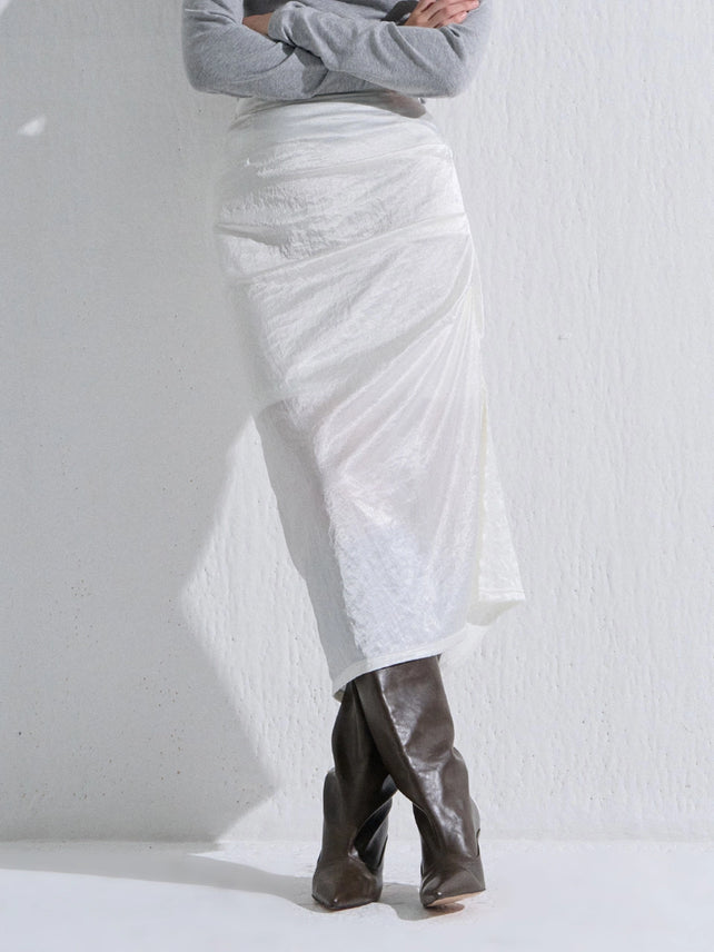 PIN TUCK SILK LONG SKIRT WHITE