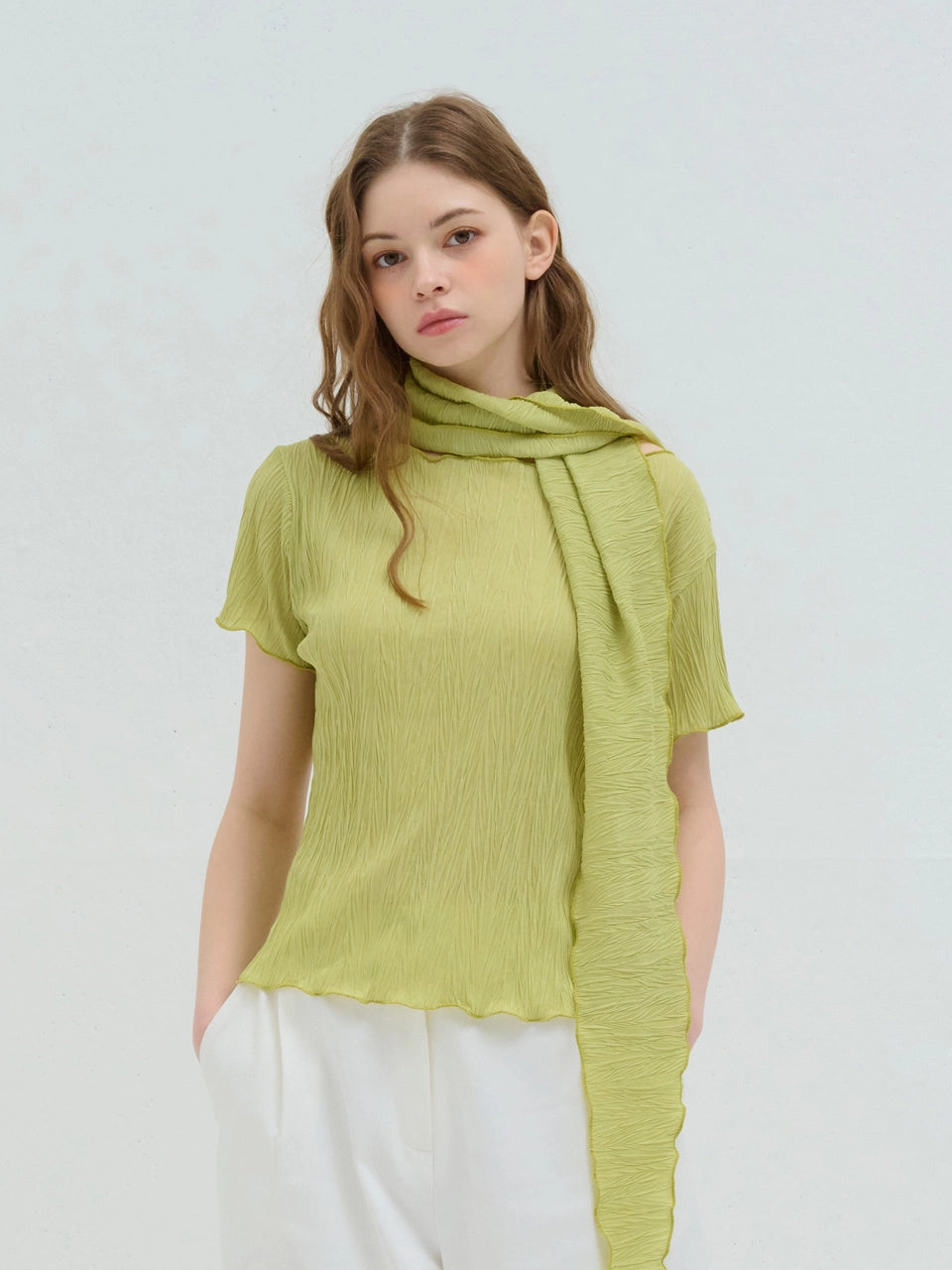 SCARF WRAP PLEATED BLOUSE GREEN