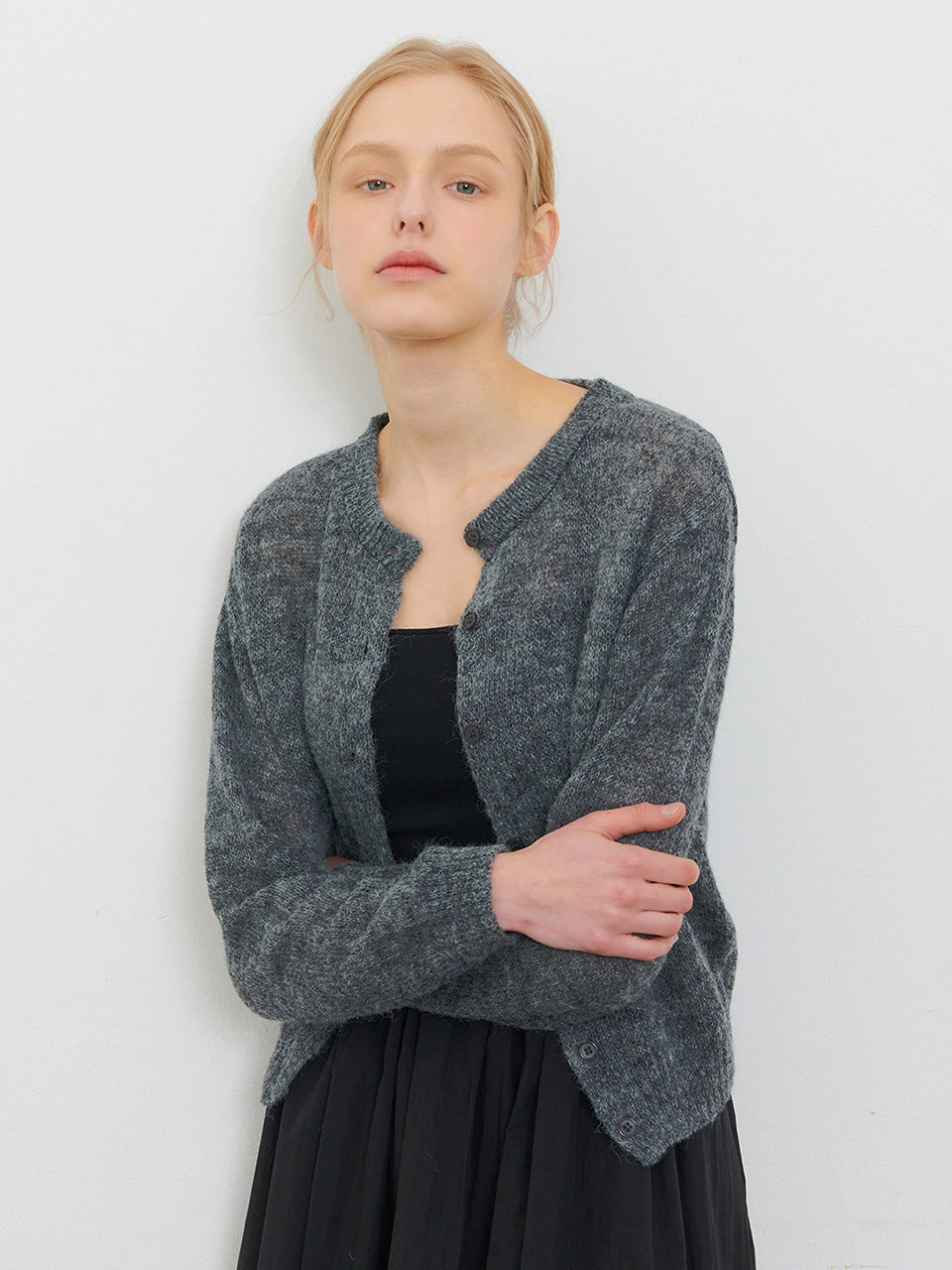 [SET] BOUCLE CARDIGAN + SHIRRING CAP SLEEVELESS