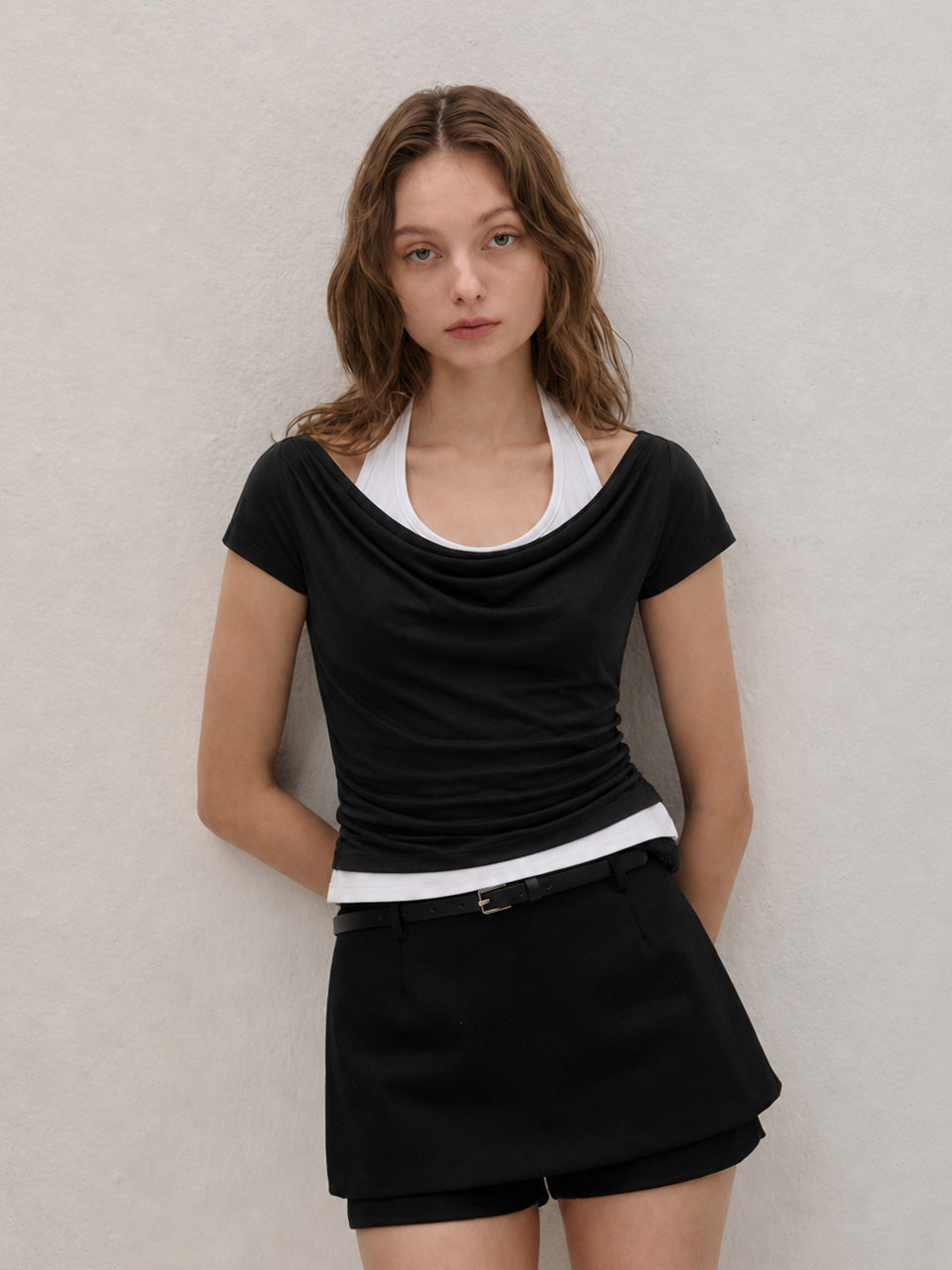 LAYERED HALTER-NECK T SHIRT BLACK