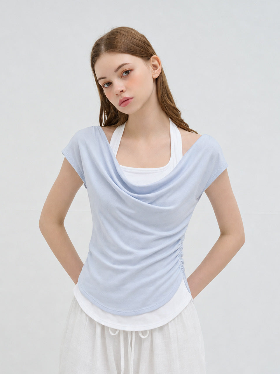 LAYERED HALTER-NECK T SHIRT SKY BLUE