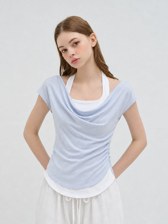 LAYERED HALTER-NECK T SHIRT SKY BLUE