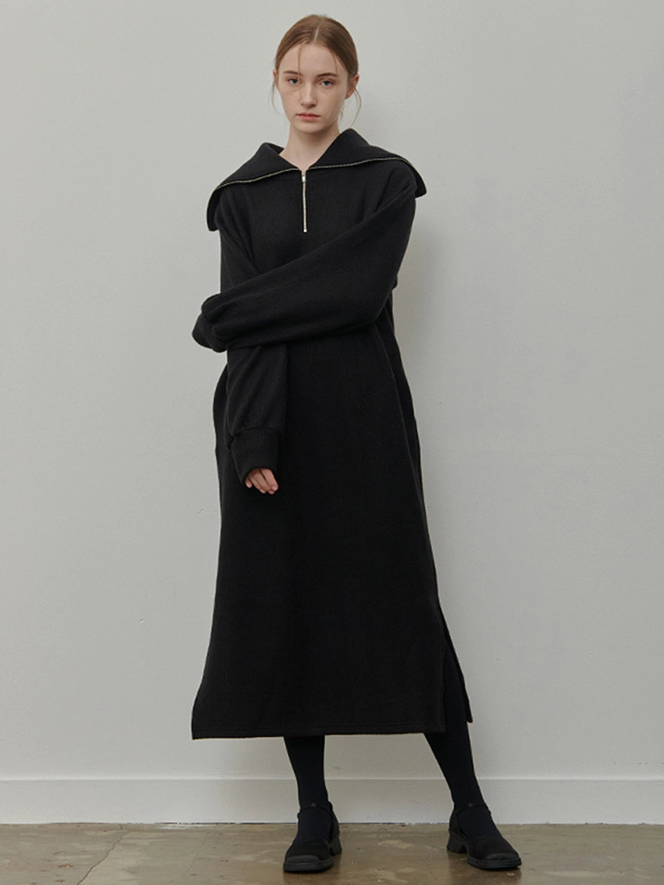 RIBBED HALF ZIP-UP KNIT ONEPIECE BLACK