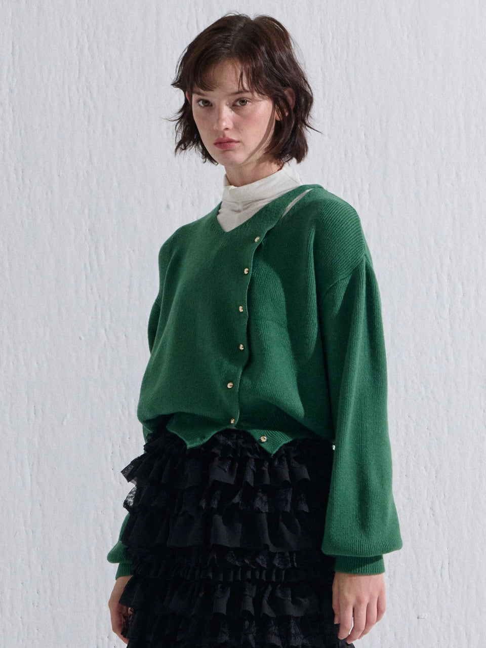 CUTTING V NECK KNIT CARDIGAN GREEN