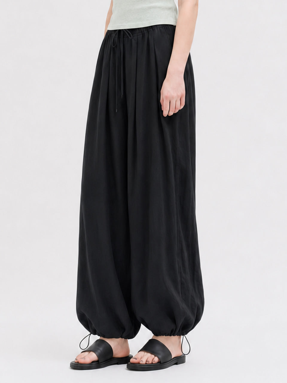 LINEN HAREM BANDING PANTS BLACK