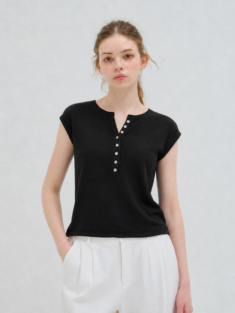 BUTTON CAP SLEEVE KNIT BLACK