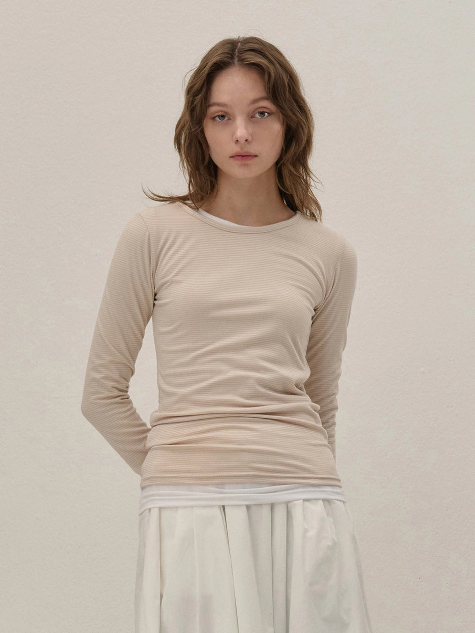 STRETCH LONG SLEEVE TOP STRIPE BEIGE