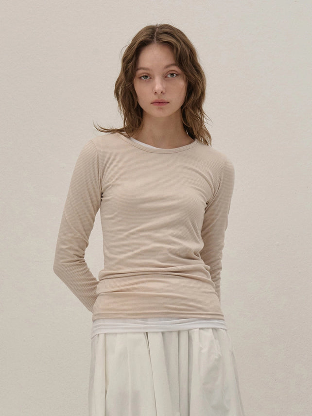 STRETCH LONG SLEEVE TOP STRIPE BEIGE