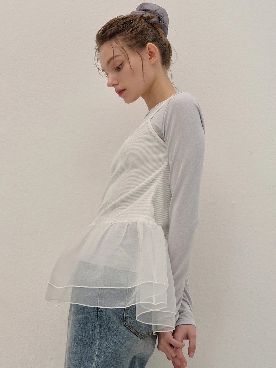 STRETCH LONG SLEEVE TOP LIGHT GRAY