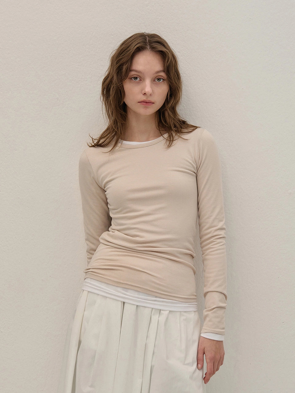 STRETCH LONG SLEEVE TOP STRIPE BEIGE