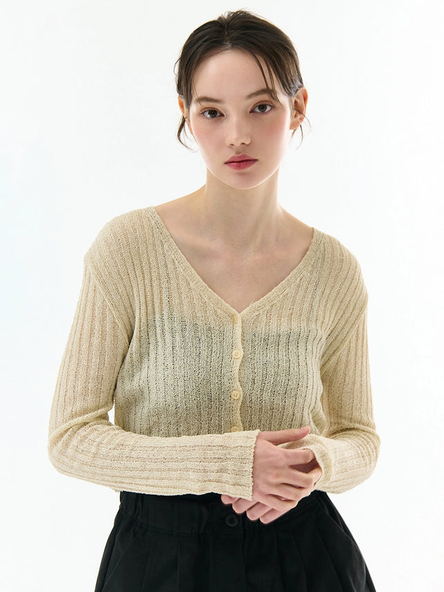 BOUCLE V-NECK RIBBED KNIT CARDIGAN BEIGE