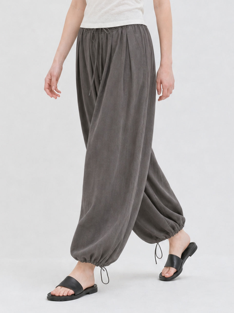 LINEN HAREM BANDING PANTS CHARCOAL