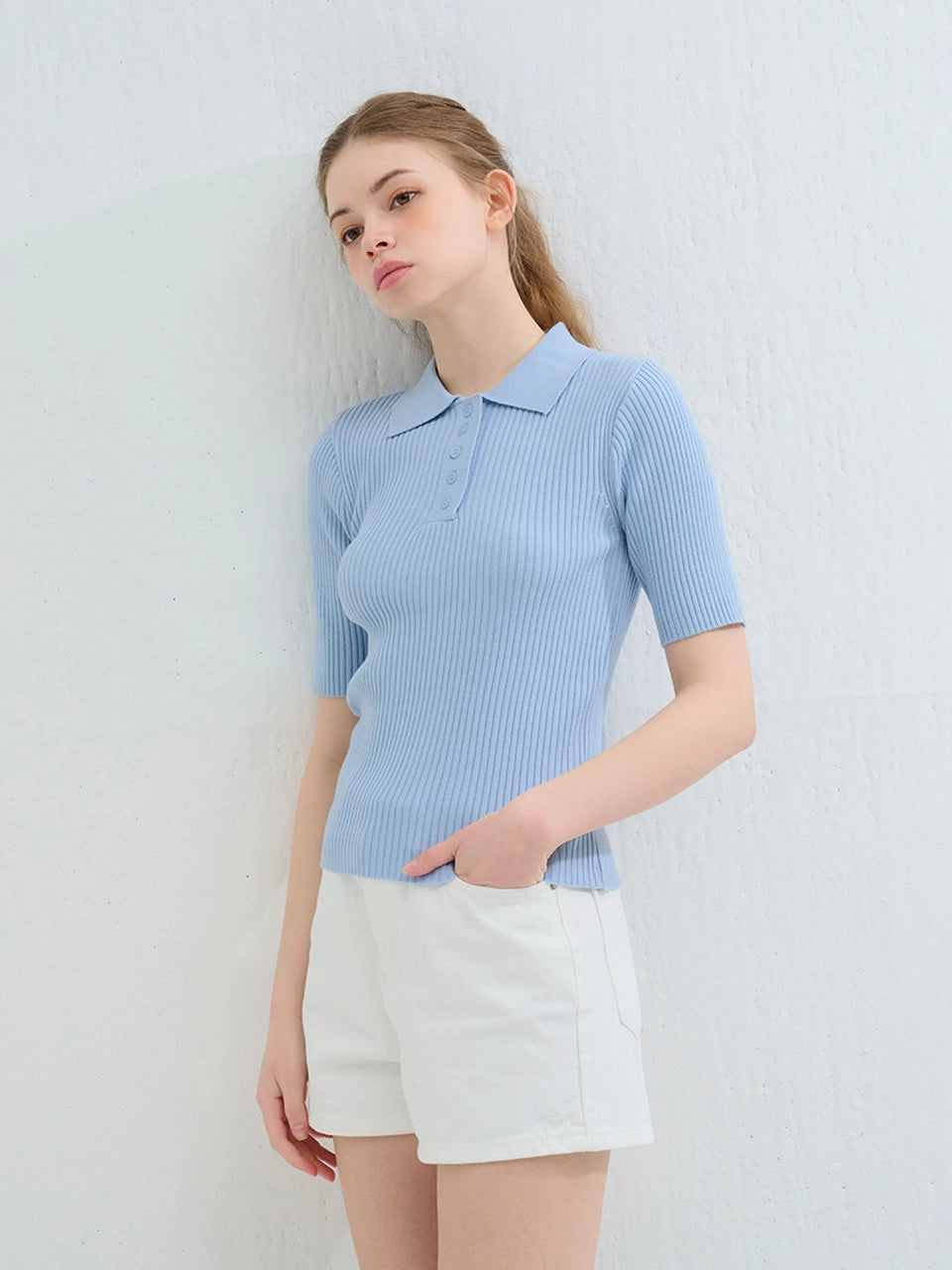 RIBBED COLLAR KNIT BLUE
