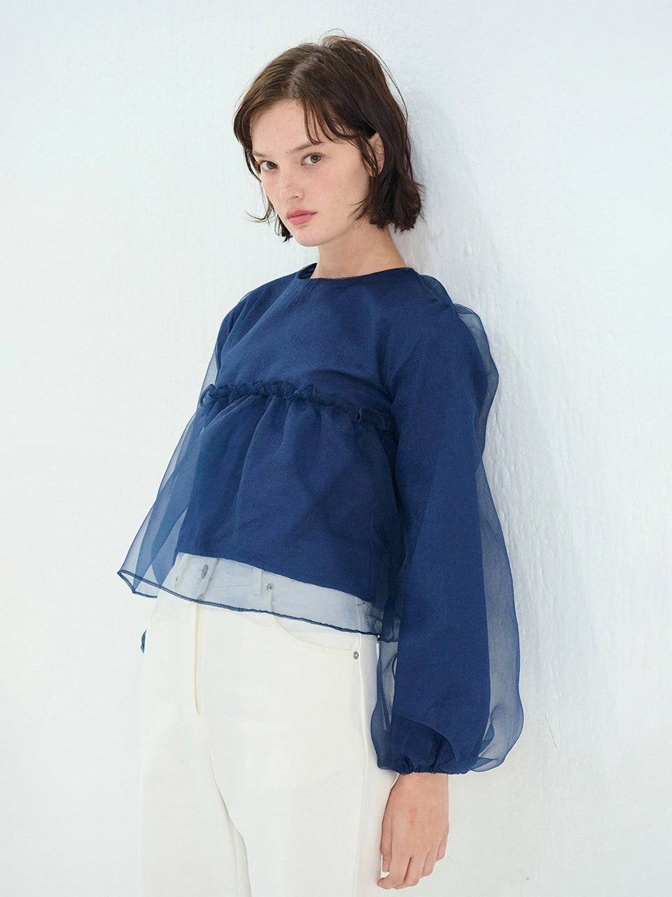 ORGANZA SHIRRING BLOUSE NAVY