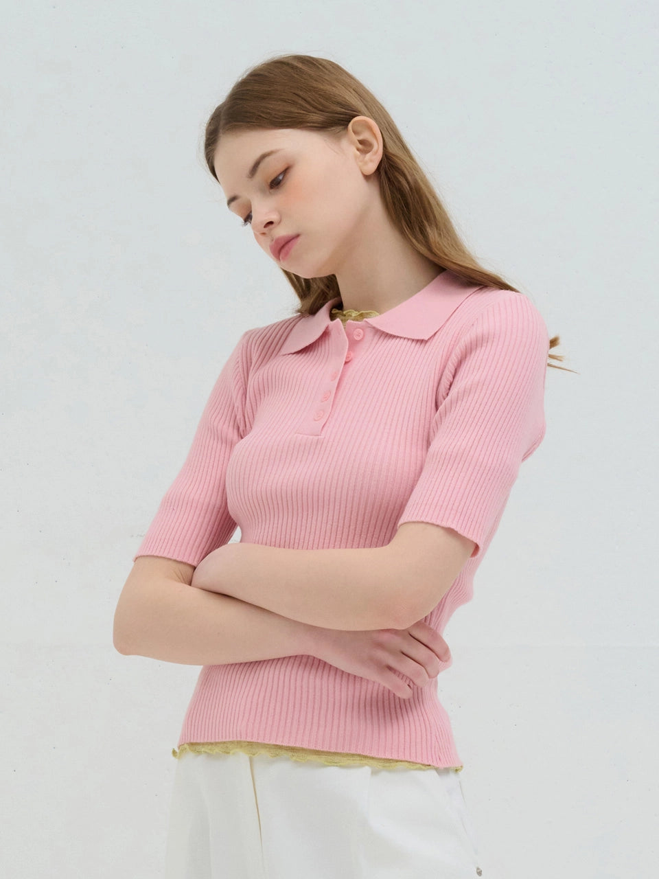 RIBBED COLLAR KNIT PINK