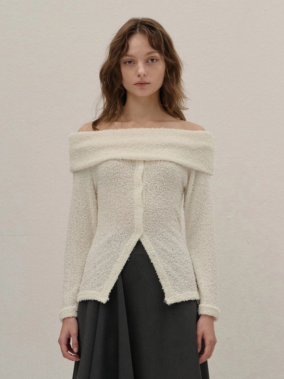 TERRY OFF-SHOULDER KNIT CARDIGAN IVORY