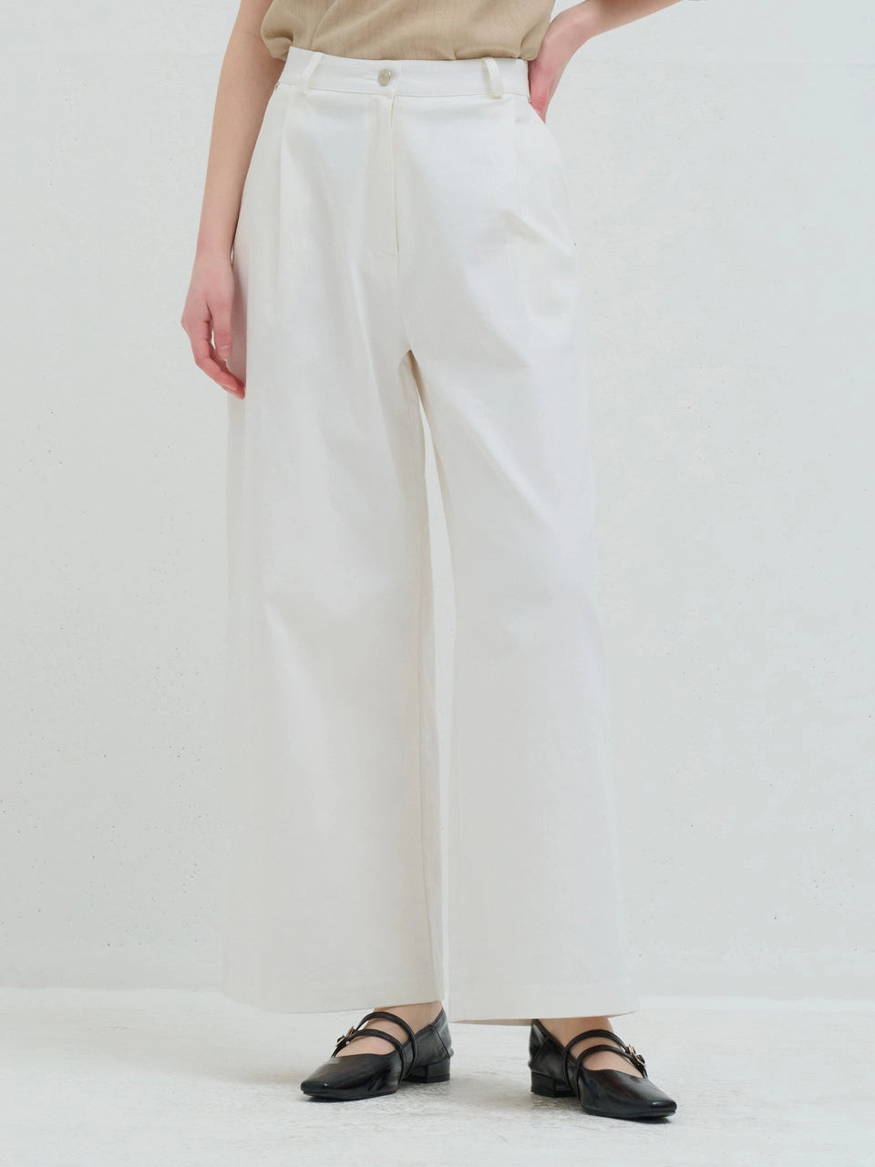COTTON PIN TUCK WIDE PANTS WHITE