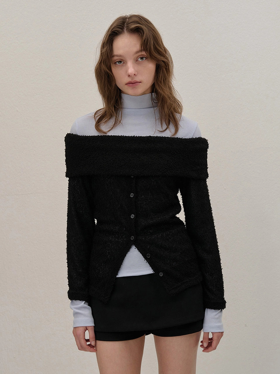 TERRY OFF-SHOULDER KNIT CARDIGAN BLACK
