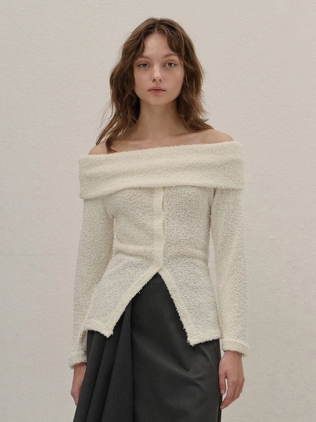 TERRY OFF-SHOULDER KNIT CARDIGAN IVORY