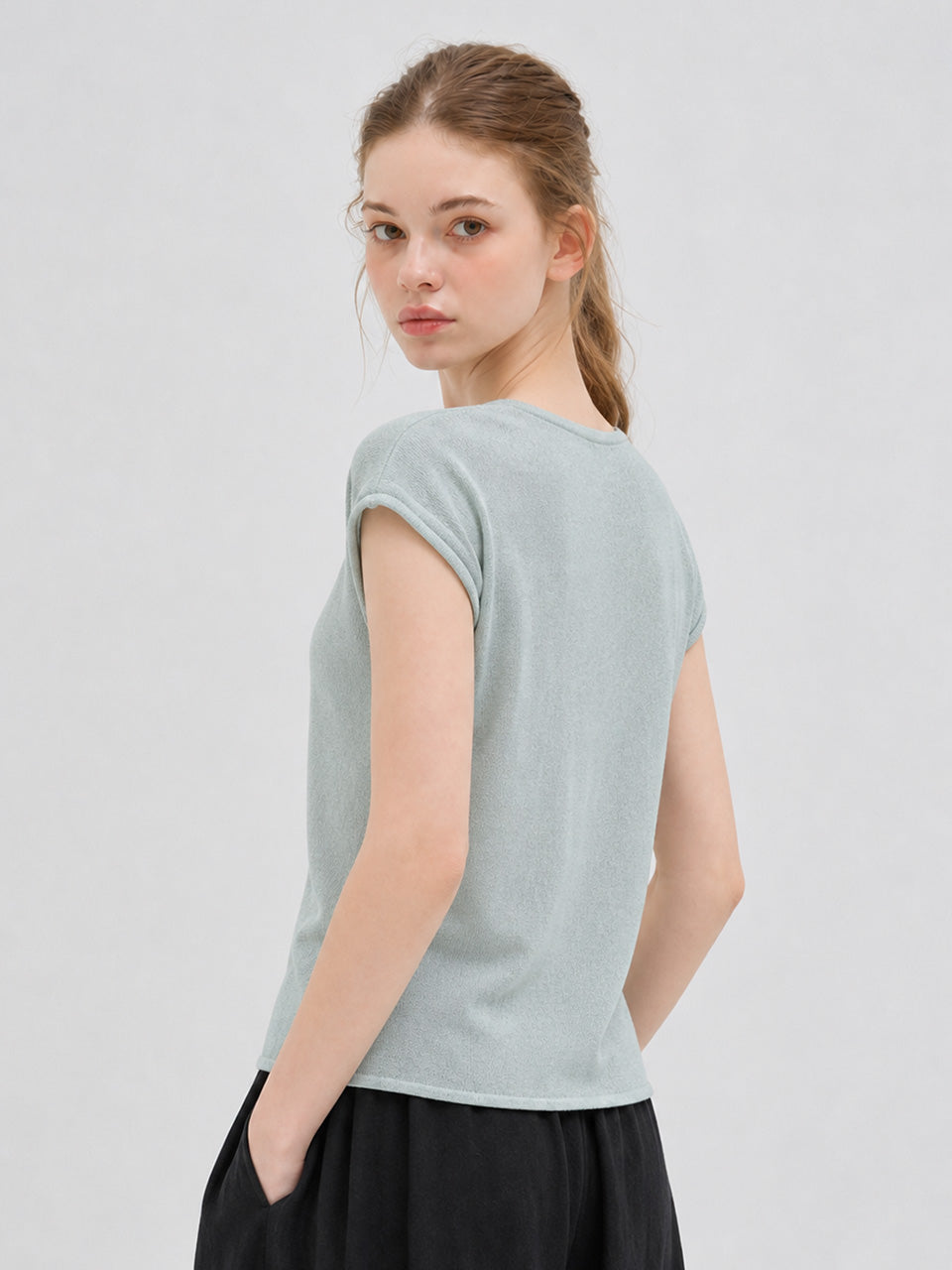 BUTTON CAP SLEEVE KNIT LIGHT MINT