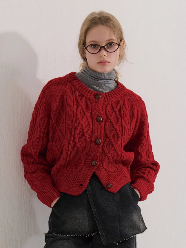 CABLE KNIT CARDIGAN RED