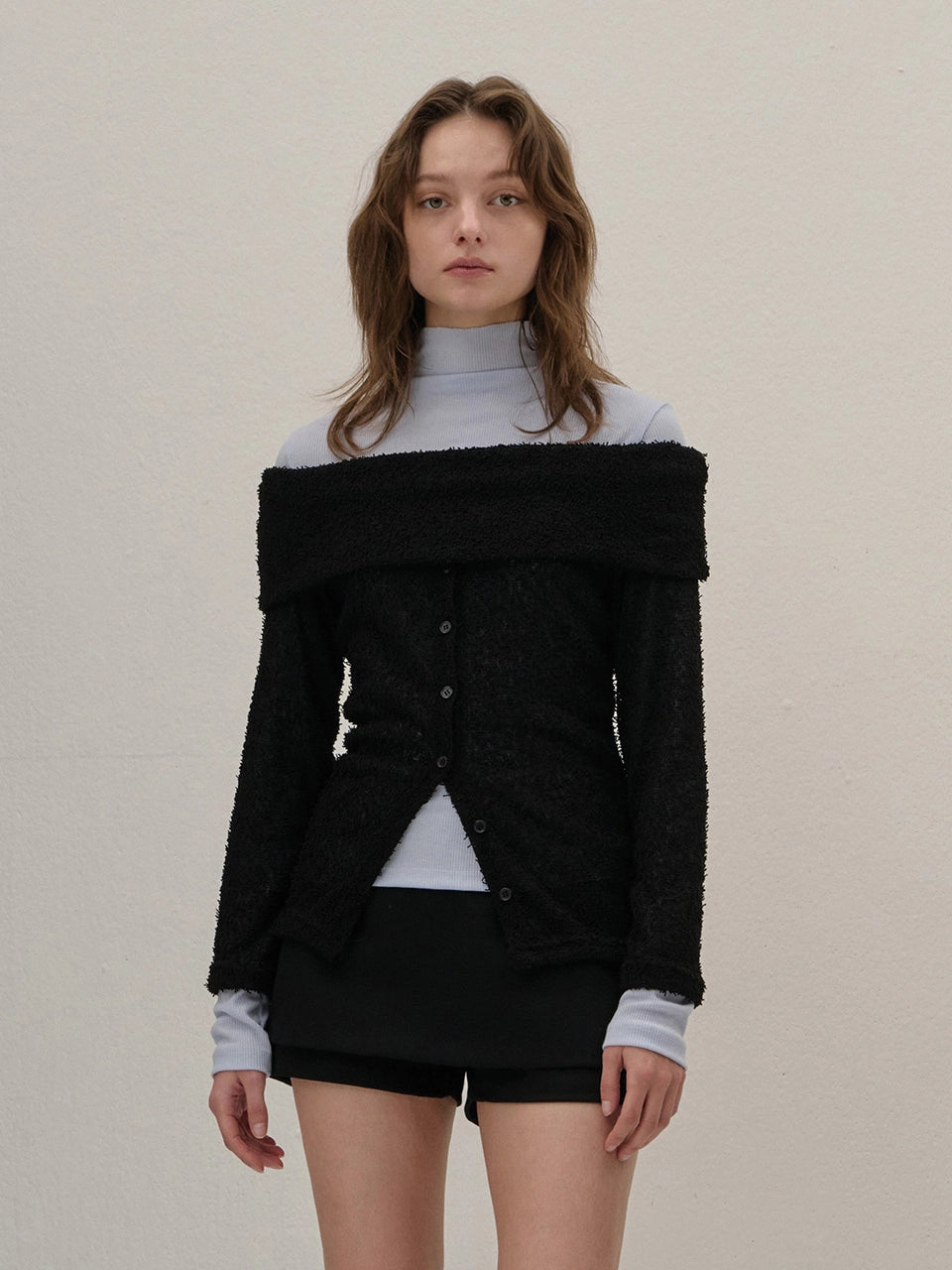 TERRY OFF-SHOULDER KNIT CARDIGAN BLACK
